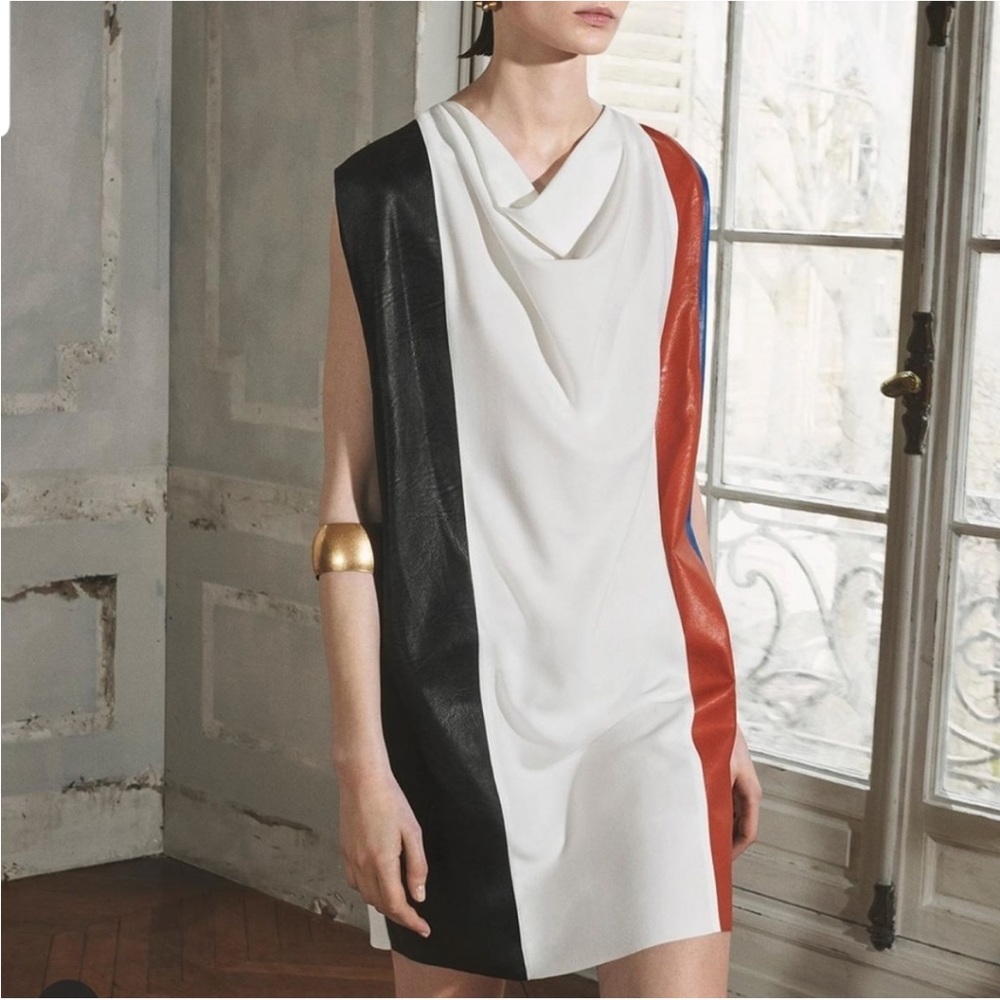 ZARA Color Block Knee-length Cowl Neck Dress White Ecru Black Blue Sleev…